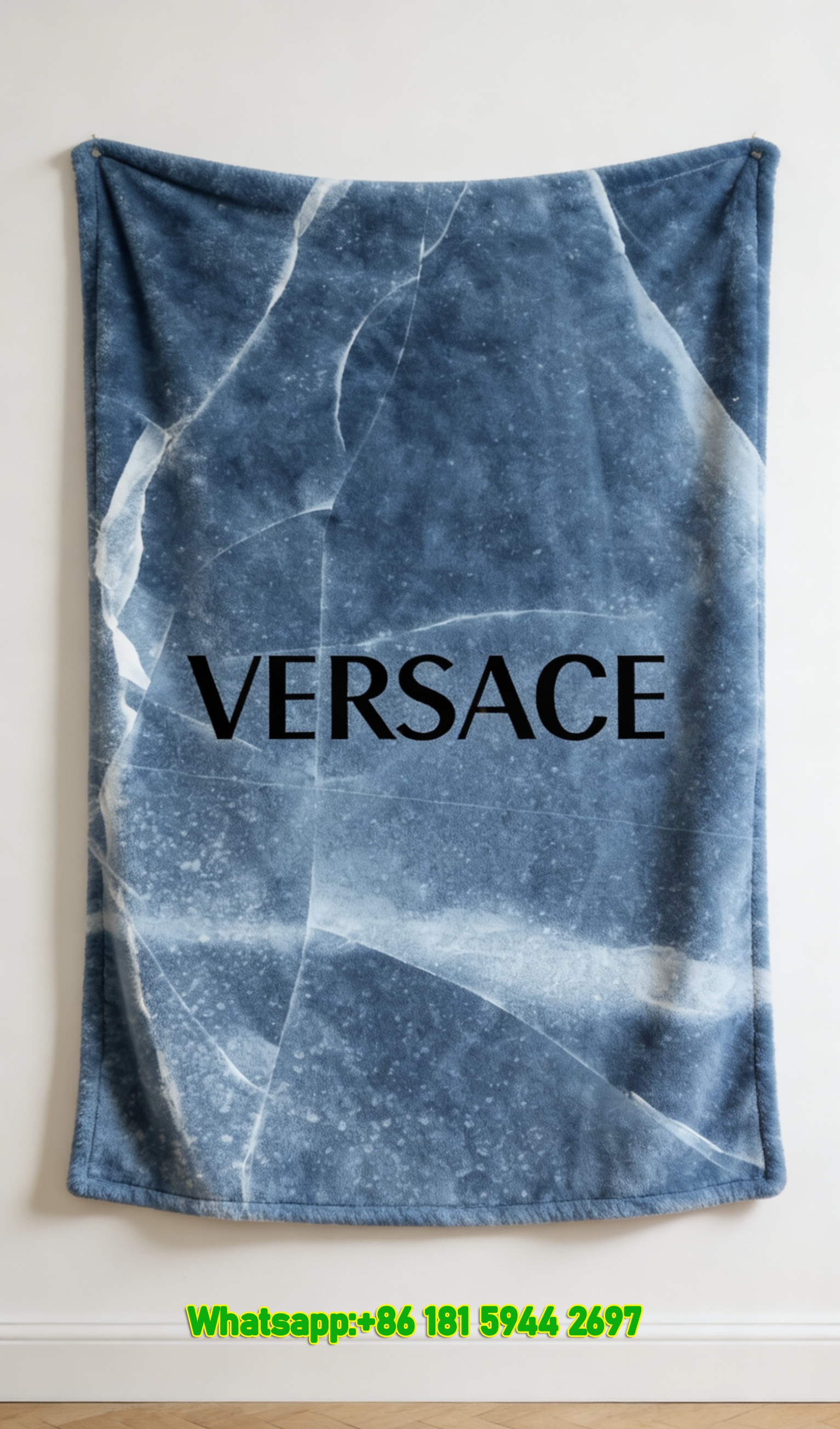 Versace Ice Blue Cracked Texture Print Flannel Sofa Throw Blanket IMG_1408